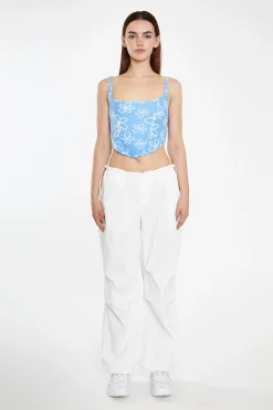 Glamorous Chic Escapes|Crops, Corsets & Bodysuits|Blue Scribble Daisy Mesh Lace-Up Corset Top -