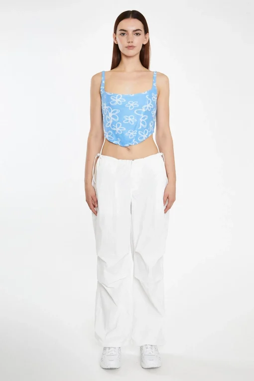 Glamorous Chic Escapes|Crops, Corsets & Bodysuits|Blue Scribble Daisy Mesh Lace-Up Corset Top -