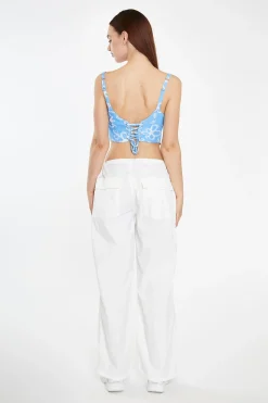Glamorous Chic Escapes|Crops, Corsets & Bodysuits|Blue Scribble Daisy Mesh Lace-Up Corset Top -