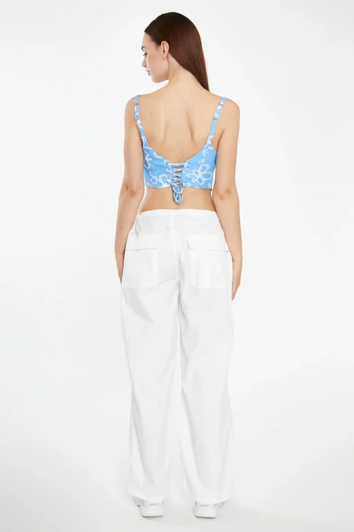 Glamorous Chic Escapes|Crops, Corsets & Bodysuits|Blue Scribble Daisy Mesh Lace-Up Corset Top -