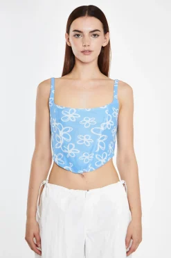 Glamorous Chic Escapes|Crops, Corsets & Bodysuits|Blue Scribble Daisy Mesh Lace-Up Corset Top -
