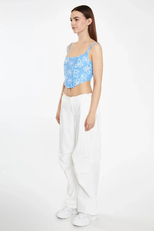 Glamorous Chic Escapes|Crops, Corsets & Bodysuits|Blue Scribble Daisy Mesh Lace-Up Corset Top -