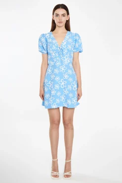 Glamorous Best Dressed Guest|Chic Escapes|Blue Scribble-Daisy Lace-Up Front Mini-Dress -