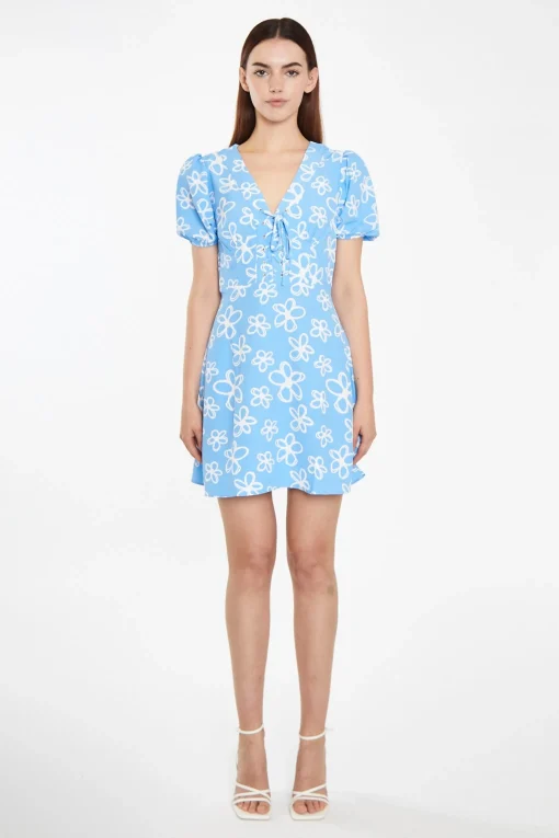 Glamorous Best Dressed Guest|Chic Escapes|Blue Scribble-Daisy Lace-Up Front Mini-Dress -