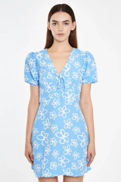 Glamorous Best Dressed Guest|Chic Escapes|Blue Scribble-Daisy Lace-Up Front Mini-Dress -