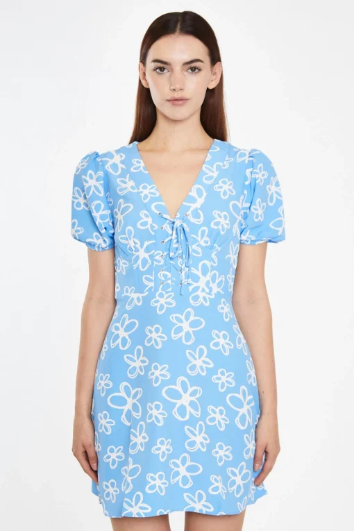 Glamorous Best Dressed Guest|Chic Escapes|Blue Scribble-Daisy Lace-Up Front Mini-Dress -