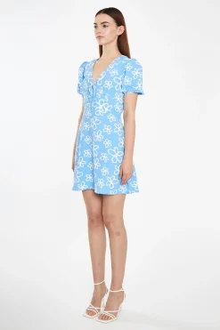 Glamorous Best Dressed Guest|Chic Escapes|Blue Scribble-Daisy Lace-Up Front Mini-Dress -