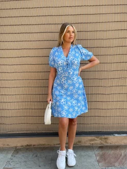 Glamorous Day Dresses|Mini Dresses|Blue Scribble-Daisy Lace-Up Front Mini-Dress -