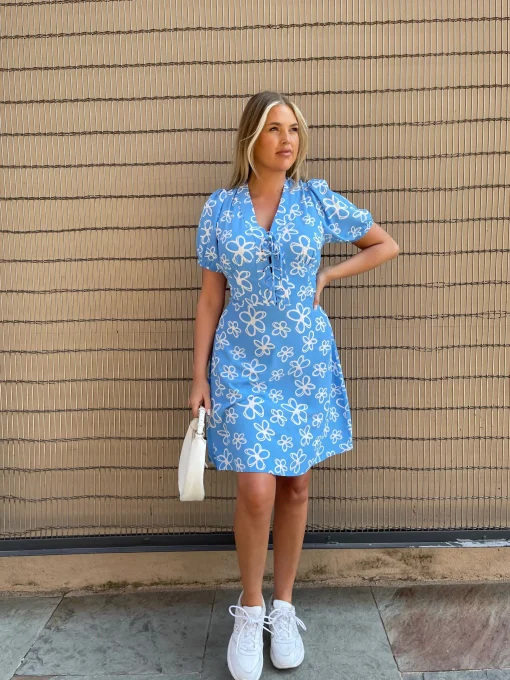Glamorous Day Dresses|Mini Dresses|Blue Scribble-Daisy Lace-Up Front Mini-Dress -