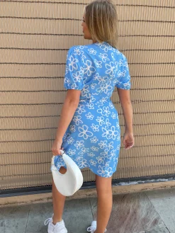 Glamorous Day Dresses|Mini Dresses|Blue Scribble-Daisy Lace-Up Front Mini-Dress -