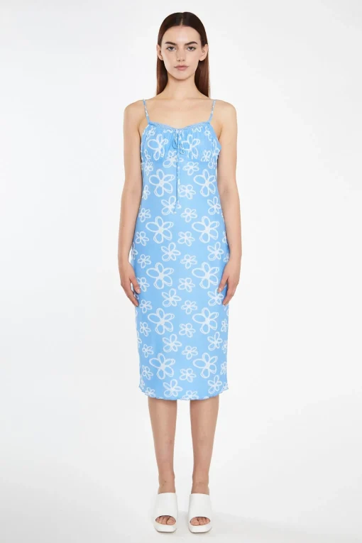 Glamorous Best Dressed Guest|Chic Escapes|Blue Scribble-Daisy Mesh Strappy Gathered-Bust Midi-Dress -