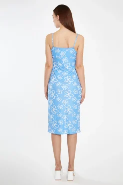 Glamorous Best Dressed Guest|Chic Escapes|Blue Scribble-Daisy Mesh Strappy Gathered-Bust Midi-Dress -