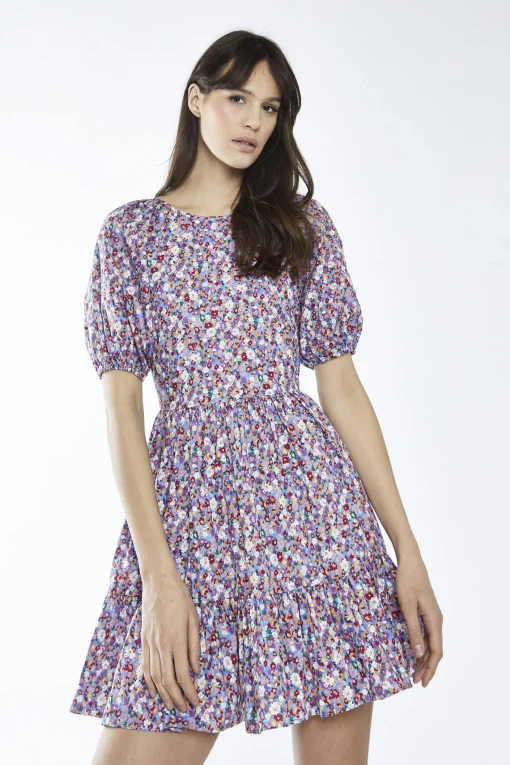 Glamorous Day Dresses|Mini Dresses|Blue Texture-Floral Ruffle-Hem Mini-Dress -