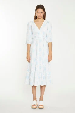 Glamorous Chic Escapes|Day Dresses|Blue Wallpaper Floral Midaxi Wrap-Dress -