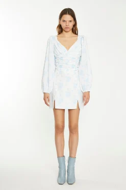 Glamorous Chic Escapes|Day Dresses|Blue Wallpaper Floral Ruched Top -