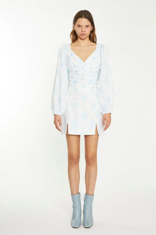 Glamorous Chic Escapes|Day Dresses|Blue Wallpaper Floral Ruched Top -