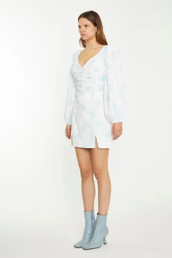 Glamorous Chic Escapes|Day Dresses|Blue Wallpaper Floral Ruched Top -
