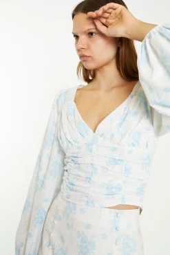Glamorous Chic Escapes|Day Dresses|Blue Wallpaper Floral Ruched Top -