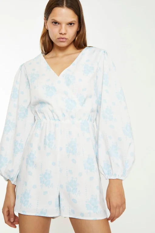 Glamorous Chic Escapes|Day Dresses|Blue Wallpaper Floral Wrap Playsuit -