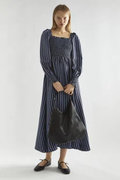 Glamorous Day Dresses|Midi & Midaxi Dresses|Blue-Black Stripe Shirred Midi-Dress -