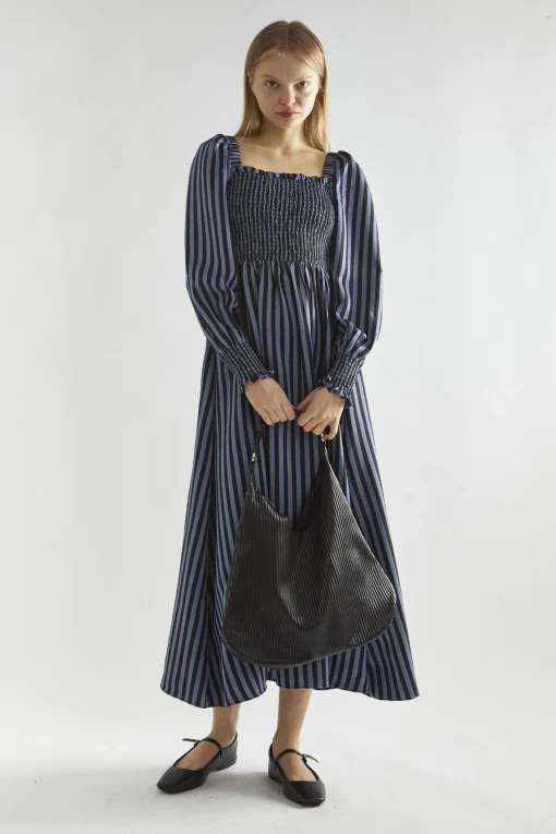 Glamorous Day Dresses|Midi & Midaxi Dresses|Blue-Black Stripe Shirred Midi-Dress -