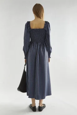 Glamorous Day Dresses|Midi & Midaxi Dresses|Blue-Black Stripe Shirred Midi-Dress -