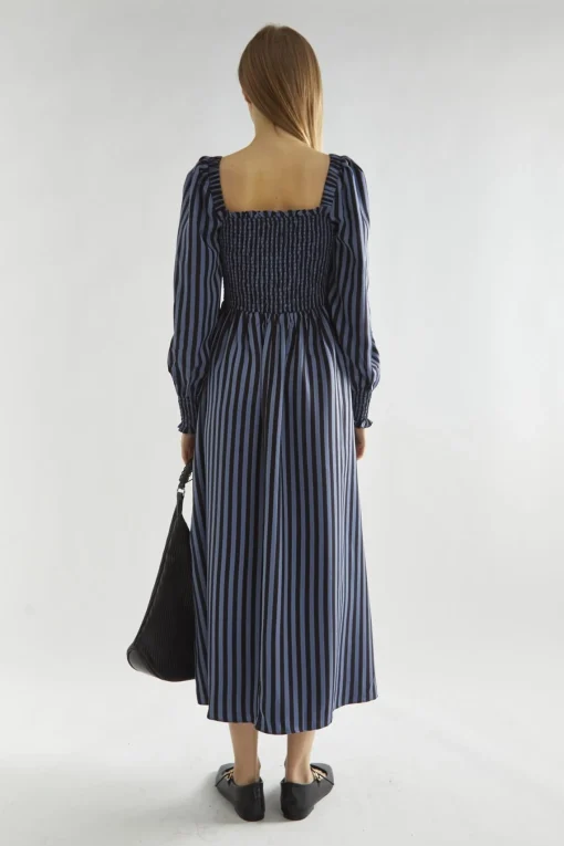 Glamorous Day Dresses|Midi & Midaxi Dresses|Blue-Black Stripe Shirred Midi-Dress -