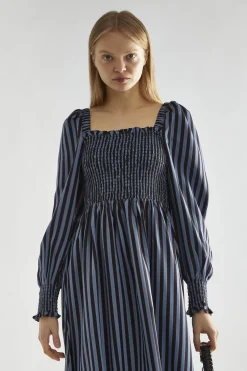 Glamorous Day Dresses|Midi & Midaxi Dresses|Blue-Black Stripe Shirred Midi-Dress -