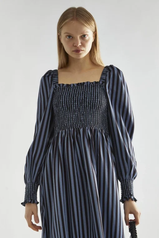 Glamorous Day Dresses|Midi & Midaxi Dresses|Blue-Black Stripe Shirred Midi-Dress -