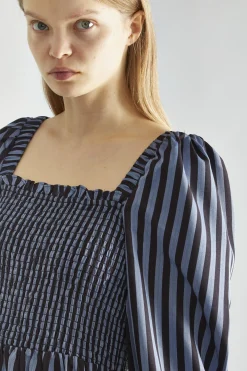 Glamorous Day Dresses|Midi & Midaxi Dresses|Blue-Black Stripe Shirred Midi-Dress -