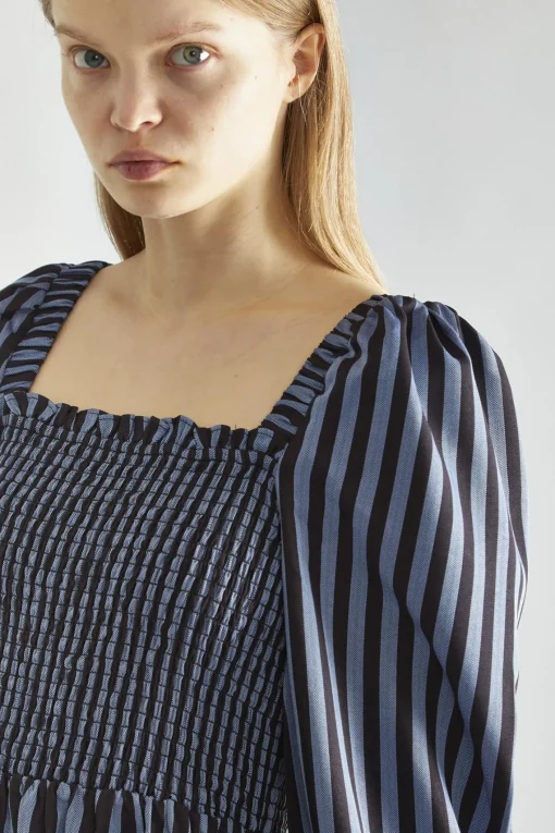 Glamorous Day Dresses|Midi & Midaxi Dresses|Blue-Black Stripe Shirred Midi-Dress -