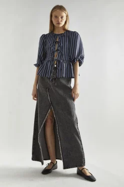 Glamorous Blouses & Shirts|Blue-Black Stripe Tie-Front Top -