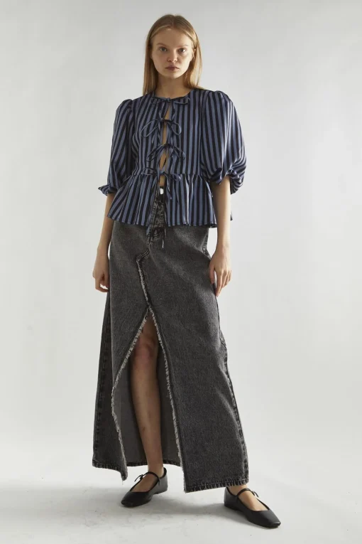 Glamorous Blouses & Shirts|Blue-Black Stripe Tie-Front Top -