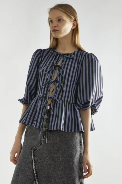 Glamorous Blouses & Shirts|Blue-Black Stripe Tie-Front Top -