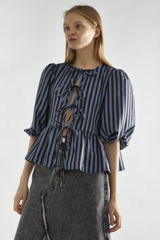 Glamorous Blouses & Shirts|Blue-Black Stripe Tie-Front Top -