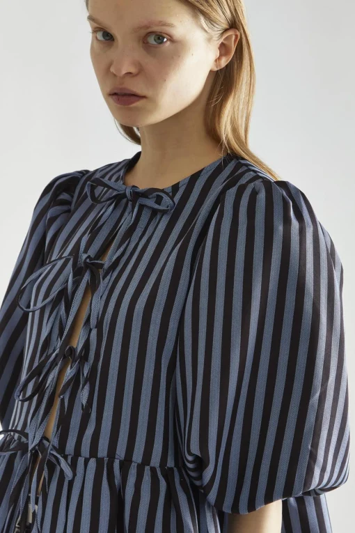 Glamorous Blouses & Shirts|Blue-Black Stripe Tie-Front Top -