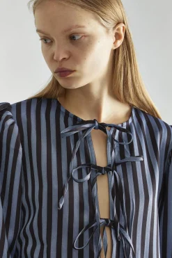 Glamorous Blouses & Shirts|Blue-Black Stripe Tie-Front Top -