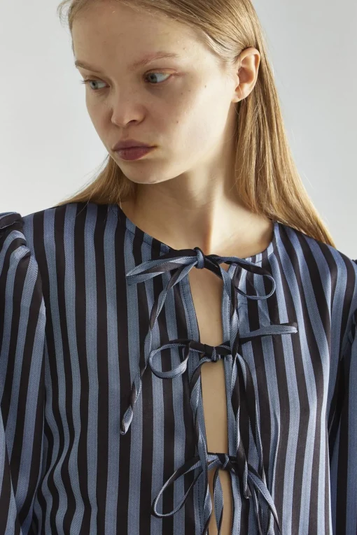 Glamorous Blouses & Shirts|Blue-Black Stripe Tie-Front Top -