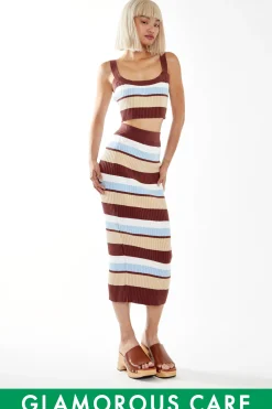 Glamorous Jet Setter|Chic Escapes|Blue-Brown Stripe Rib Knit Midi-Skirt -