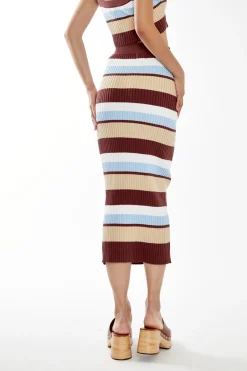 Glamorous Jet Setter|Chic Escapes|Blue-Brown Stripe Rib Knit Midi-Skirt -