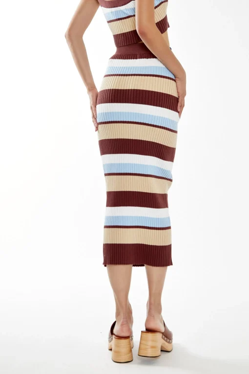 Glamorous Jet Setter|Chic Escapes|Blue-Brown Stripe Rib Knit Midi-Skirt -