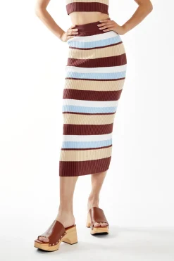 Glamorous Jet Setter|Chic Escapes|Blue-Brown Stripe Rib Knit Midi-Skirt -