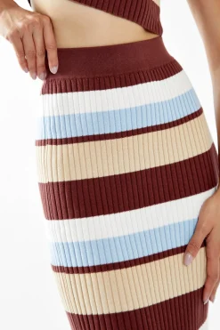 Glamorous Jet Setter|Chic Escapes|Blue-Brown Stripe Rib Knit Midi-Skirt -