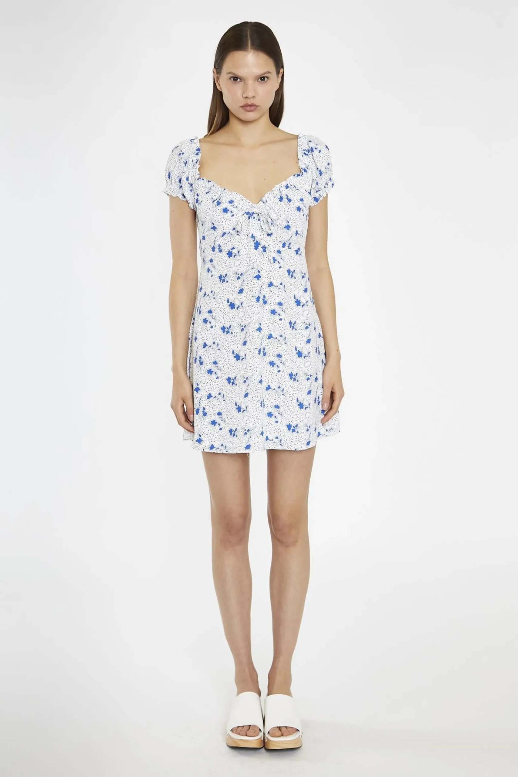 Glamorous Day Dresses|Mini Dresses|Blue-Dot Vintage-Floral Gathered Neckline Mini-Dress -