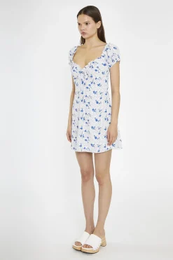 Glamorous Day Dresses|Mini Dresses|Blue-Dot Vintage-Floral Gathered Neckline Mini-Dress -