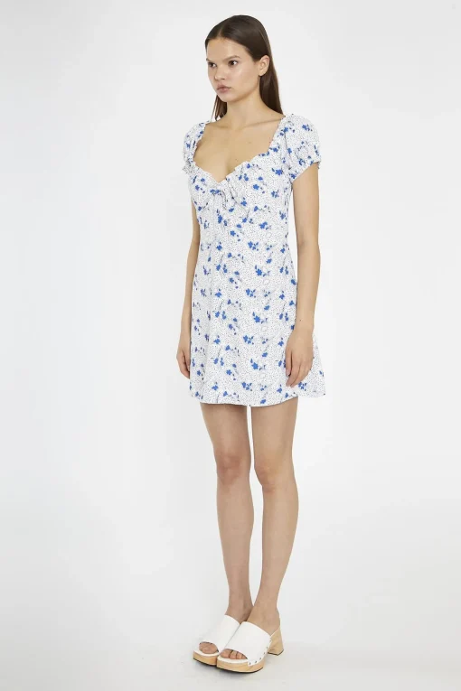 Glamorous Day Dresses|Mini Dresses|Blue-Dot Vintage-Floral Gathered Neckline Mini-Dress -