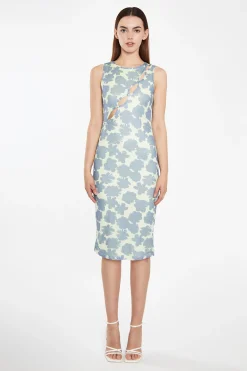 Glamorous Best Dressed Guest|Go To Partywear|Blue-Green Floral Mesh Bodycon Cut-Out Midi-Dress -