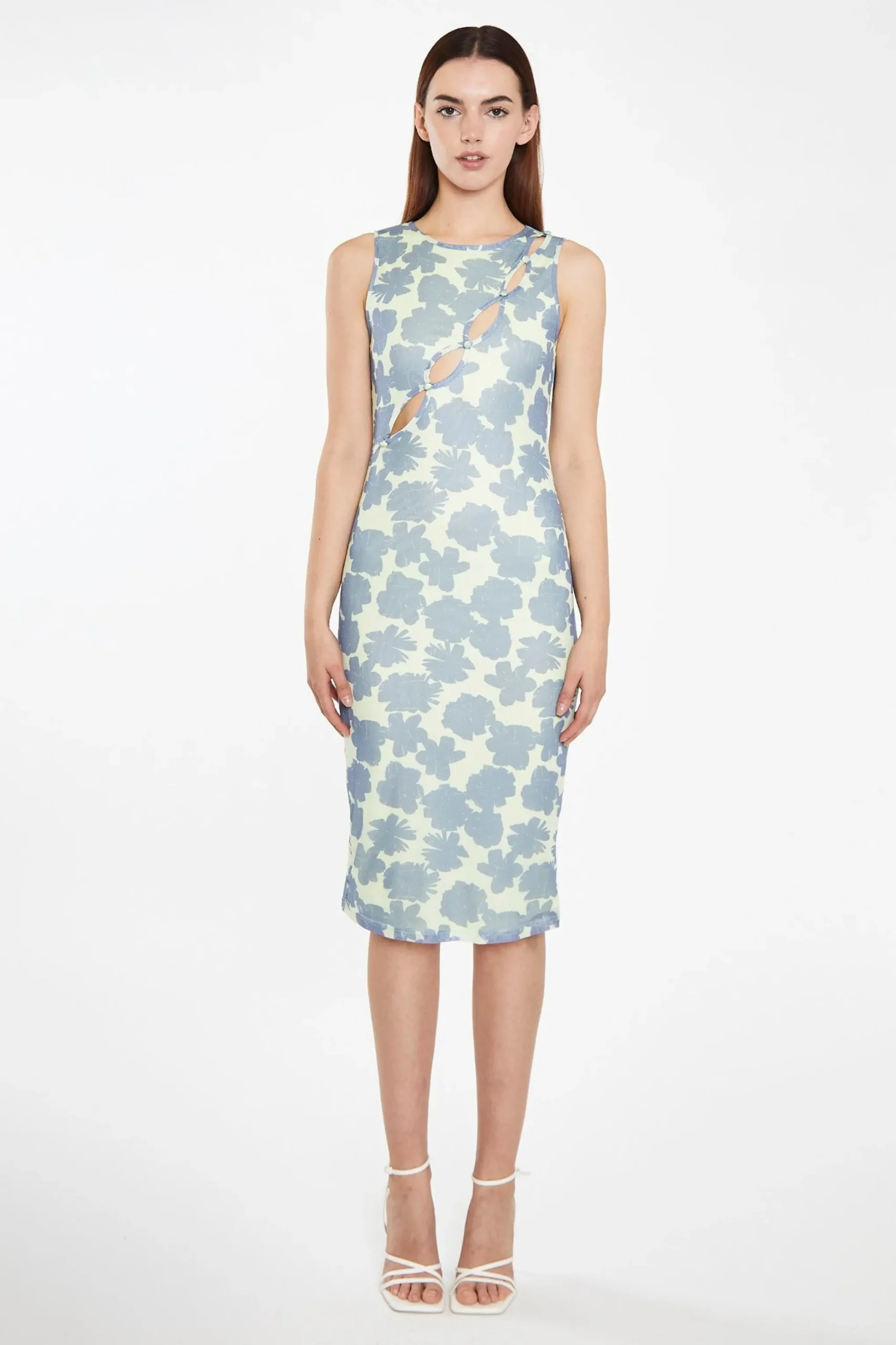 Glamorous Best Dressed Guest|Go To Partywear|Blue-Green Floral Mesh Bodycon Cut-Out Midi-Dress -