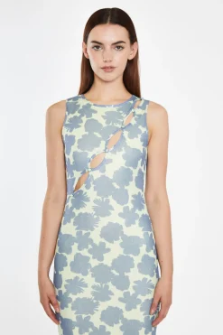 Glamorous Best Dressed Guest|Go To Partywear|Blue-Green Floral Mesh Bodycon Cut-Out Midi-Dress -