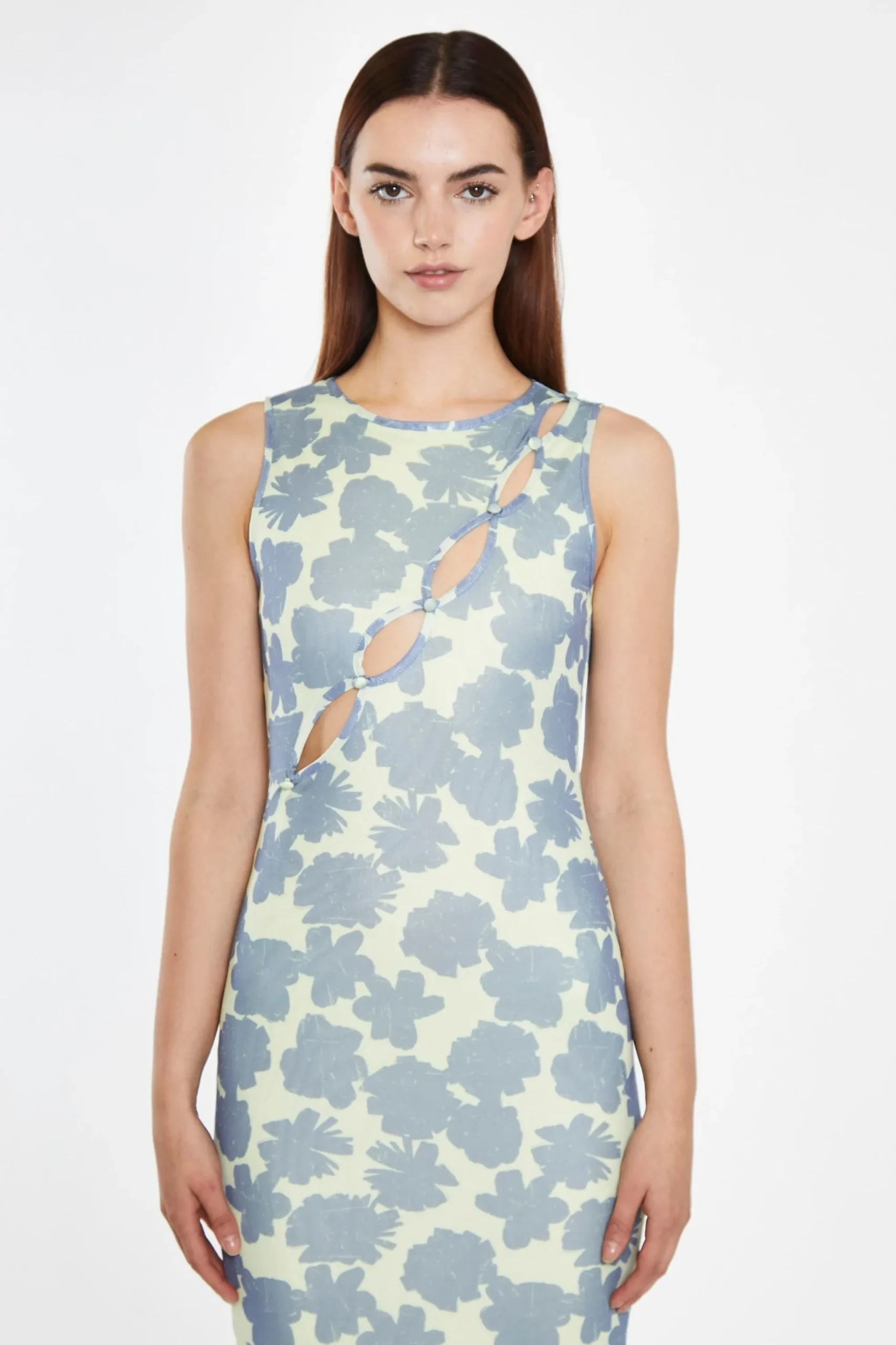 Glamorous Best Dressed Guest|Go To Partywear|Blue-Green Floral Mesh Bodycon Cut-Out Midi-Dress -